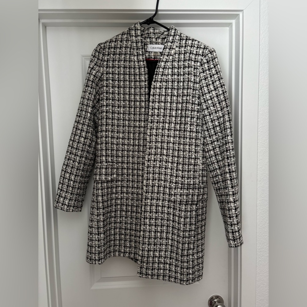 Calvin Klein Black & White Tweed Collarless Blazer Coat
